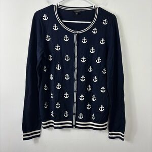 Talbots Ancher Cardigan Sweater Womens M Navy Blue Nautical Preppy Coastal